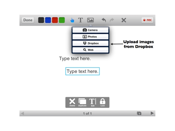 Educreations Screenshot Illustrating Dropbox Image Import Option